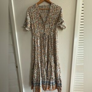 Cream and Brown Ruched Tiered Maxi Sundress